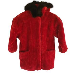 VTG Lillie Rubin Red Hooded Plush Fluffy Winter Coat Heavy Size M boho hippie